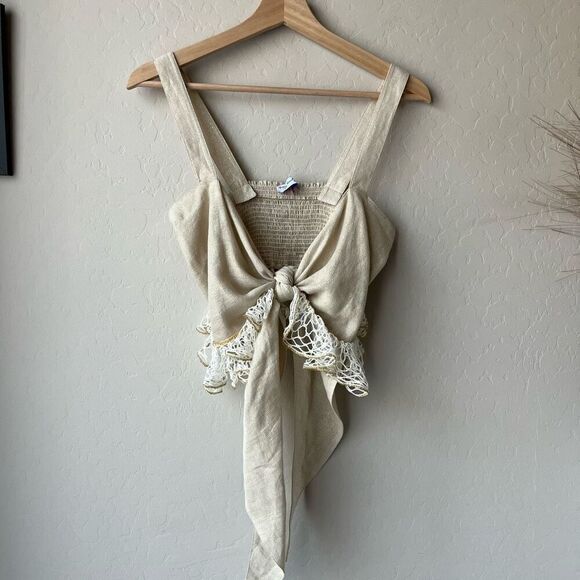 My Beachy Side‎ Top Crop Lace Tie Front Tan Crochet Tank Top OS - Picture 1 of 6